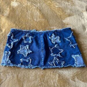 Frayed Denim Skirt with Star Patches